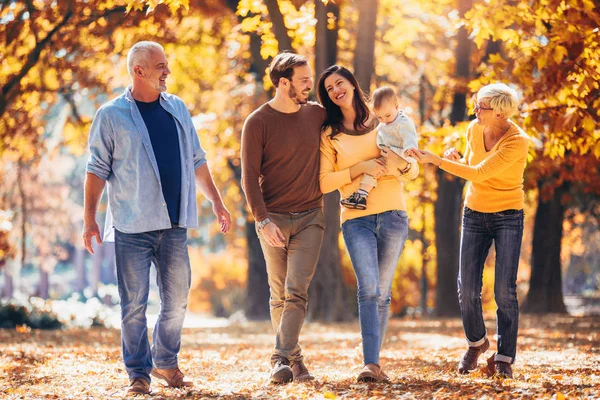 Família de geração Multl no parque de outono se divertindo — Fotografia de Stock