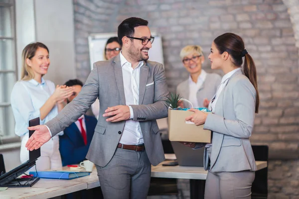 Smiling team leader executive introducing new just hired female — Stock Photo, Image
