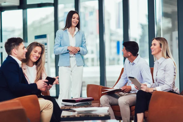 Business team working on new project and smiling. Man and women — Stock Photo, Image