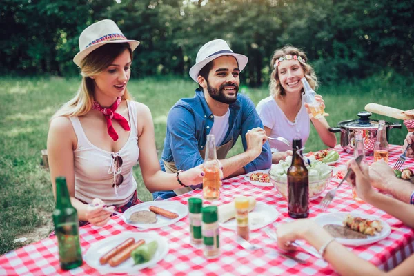 Grupo de amigos desfrutando de um almoço juntos na natureza . — Fotografia de Stock