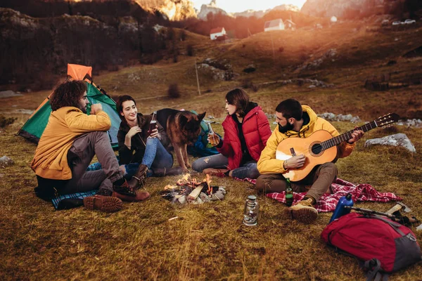 Grup de prieteni zâmbitori care stau în jurul focului de tabără în camping — Fotografie, imagine de stoc