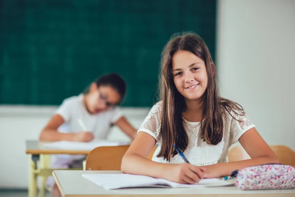 Két boldog iskolás egy osztályteremben portréja — Stock Fotó