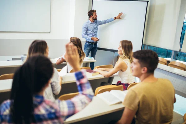 Mladí studenti poslouchají profesora ve třídě na kolektivu — Stock fotografie