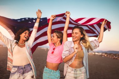 Young friends carrying american flag on the beach clipart