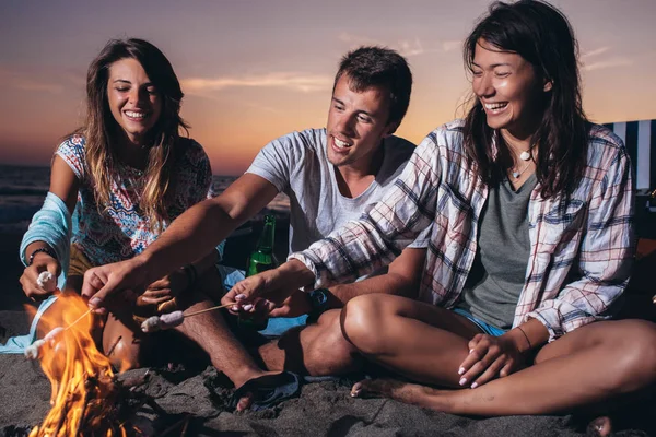 Glade venner feste på stranden med drikkevarer - Stock-foto