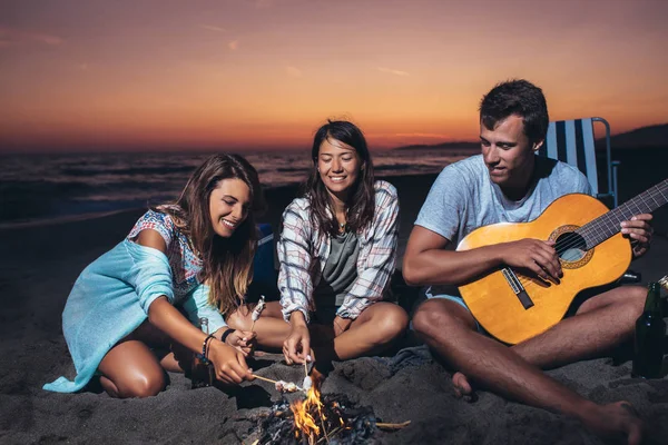 Prieteni fericiti petrecand pe plaja cu bauturi — Fotografie, imagine de stoc