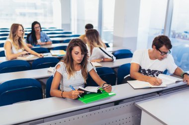 Uluslararası öğrenciler denoluşan bir grup dershanede yazı pişme ve konuşma