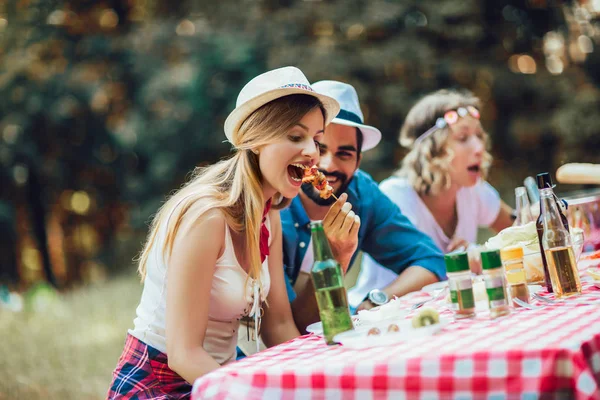 Grupo de amigos desfrutando de um almoço juntos na natureza . — Fotografia de Stock