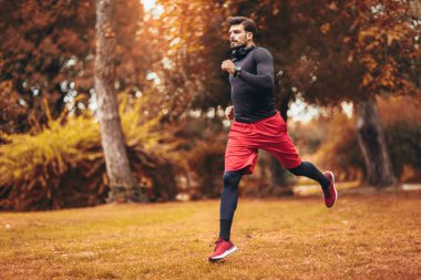 Sonbahar sabahı sırasında Park'ta koşan genç adam