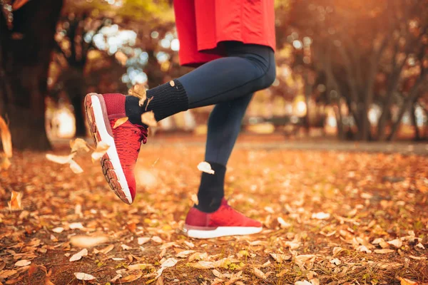 Zbliżenie stóp biegacza biegającego jesienią opuszcza trening e — Zdjęcie stockowe