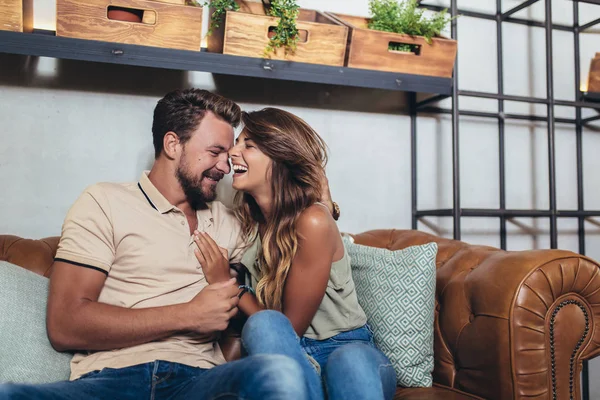 Beautiful couple on a date in cafe, having fun together. — Stock Photo, Image