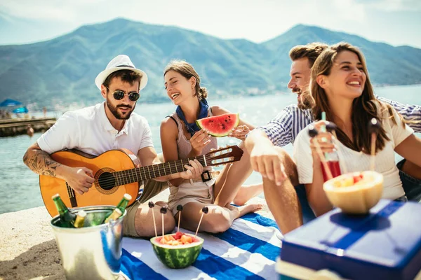 Gruppe Venner Med Guitar Have Det Sjovt Stranden - Stock-foto