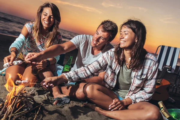 Gruppe Venner Slapper Omkring Bål Stranden Ved Solnedgang - Stock-foto