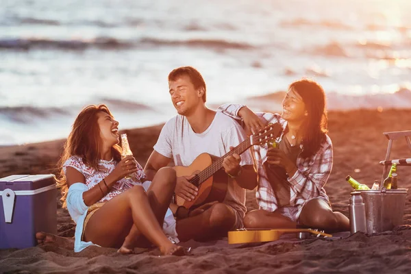 Grup Prieteni Chitară Distrându Plajă Apus Soare — Fotografie, imagine de stoc