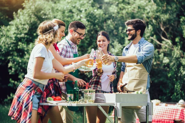 Venner Gør Grill Har Frokost Naturen - Stock-foto