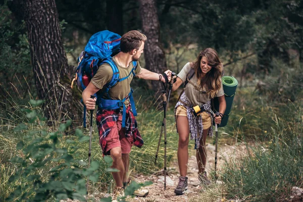 Backpackers Couple Hiking Fall Sticks — Stock Photo, Image