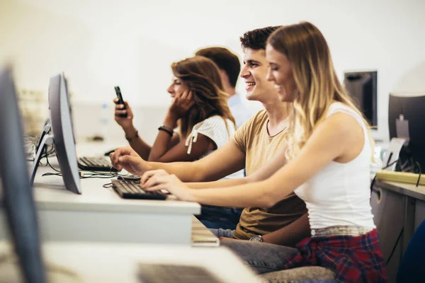 College Students Sitting Classroom Using Computers Class — Stock Photo, Image