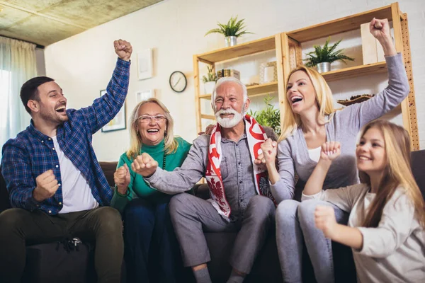 Three Generations Family Sit Couch Living Room Watch Football Match — Stock Photo, Image