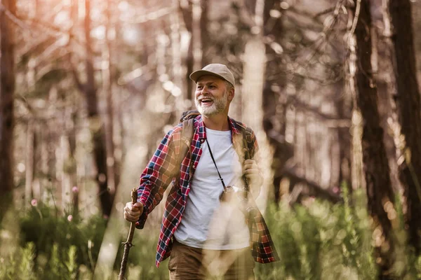 Uomo Maturo Viaggio Attraverso Foresta — Foto Stock