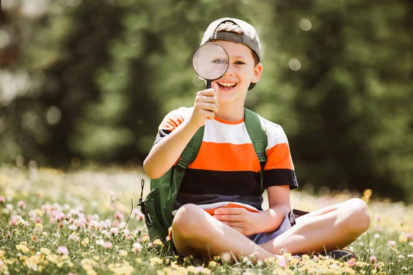 Young Boy Exploring Nature Meadow Magnifying Glass — Stock Photo, Image