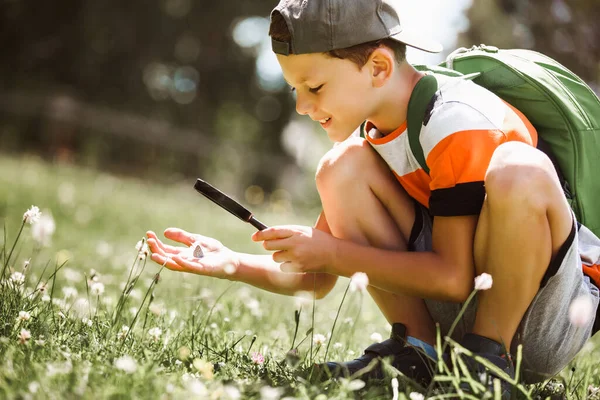 Niño Explorando Naturaleza Prado Con Una Lupa — Foto de Stock