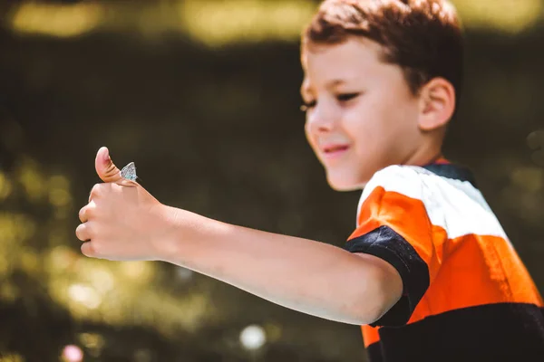 Butterfly Child Hand Butterfly Child Palm Young Boy Exploring Nature — Stock Photo, Image