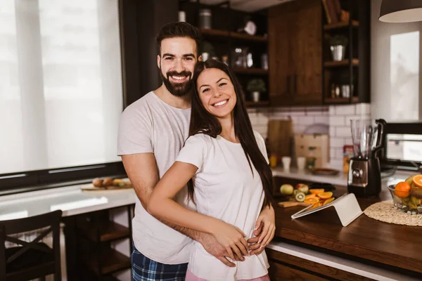 Joyful Couple Hugging Kitchen Home Morning — Stock Photo, Image