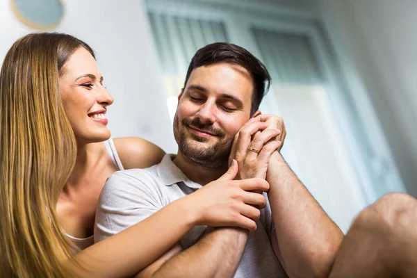 Spending Nice Time Home Beautiful Young Loving Couple Bonding Each — Stock Photo, Image