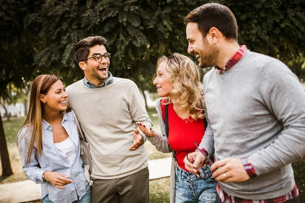 Grupo Jóvenes Caminando Por Parque Amigos Divertirse Aire Libre — Foto de Stock