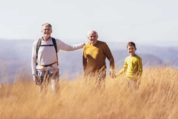 Three Generations Family Hiking Together Autumn — Stock Photo, Image