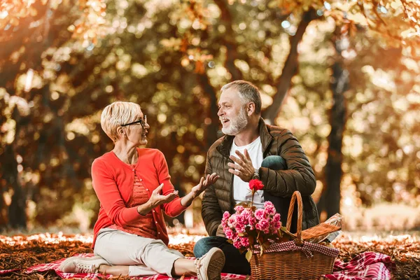 Mutlu Yaşlı Çift Sonbahar Parkında Piknik Yapıyor — Stok fotoğraf