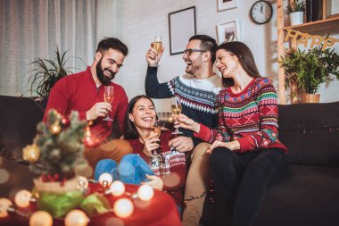 Bir grup genç arkadaş evdeki yeni yıl kutlamasında eğleniyor..