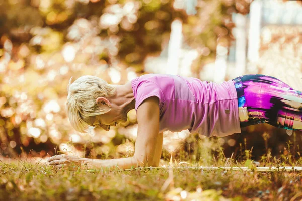 Senior Woman Doing Yoga Exercises Park — Stock Photo, Image