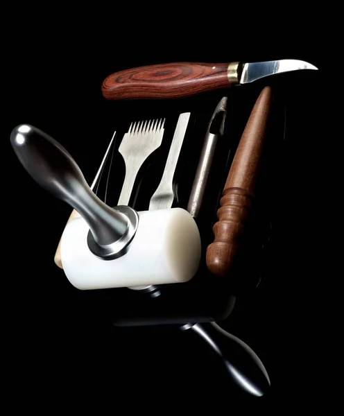 Arrangement Des Outils Artisanat Cuir Avec Marteau Spécial Couteau Utilitaire — Photo