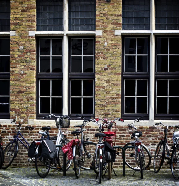 Parkering Olika Cyklar Gatsten Trottoaren Nära Antika Byggnad Med Stora — Stockfoto