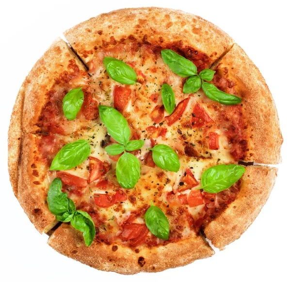 自制的玛格丽特比萨饼 西红柿和罗勒叶子在白色背景下分离 顶部视图 — 图库照片