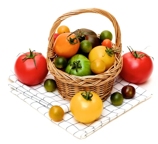 Arrangement Fresh Ripe Red Yellow Green Black Tomatoes Wicker Basket — Stock Photo, Image