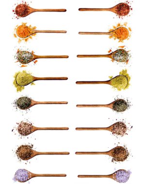 Çeşitli baharat iki satır koleksiyonu: kurutulmuş kırmızı biber, köri tozu, tuz ile yaprakları, kimyon tozu, kekik, tuz biber, tuz biber, kişniş ve Kosher tuz ile