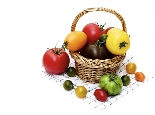 Wicker Basket Full Fresh Ripe Red Yellow Green Black Tomatoes — Stock Photo, Image