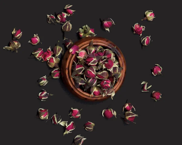 Arrangement Thé Fleurs Roses Séchées Parfaites Pot Bois Gros Plan — Photo