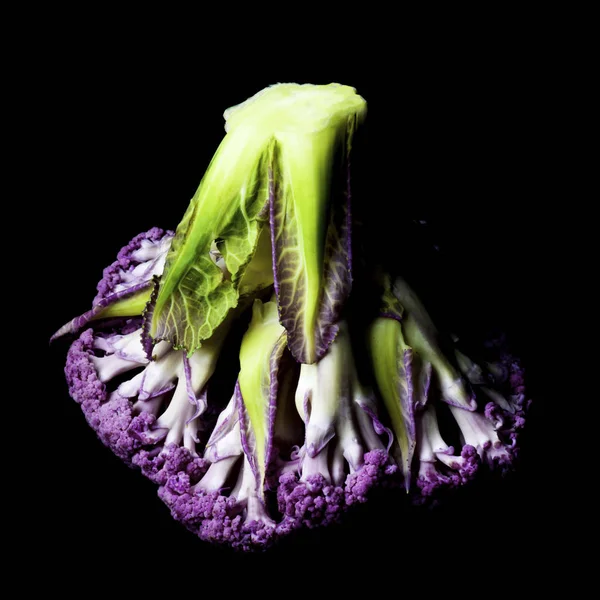 Gran Coliflor Púrpura Cruda Fresca Con Hojas Abajo Hacia Arriba — Foto de Stock