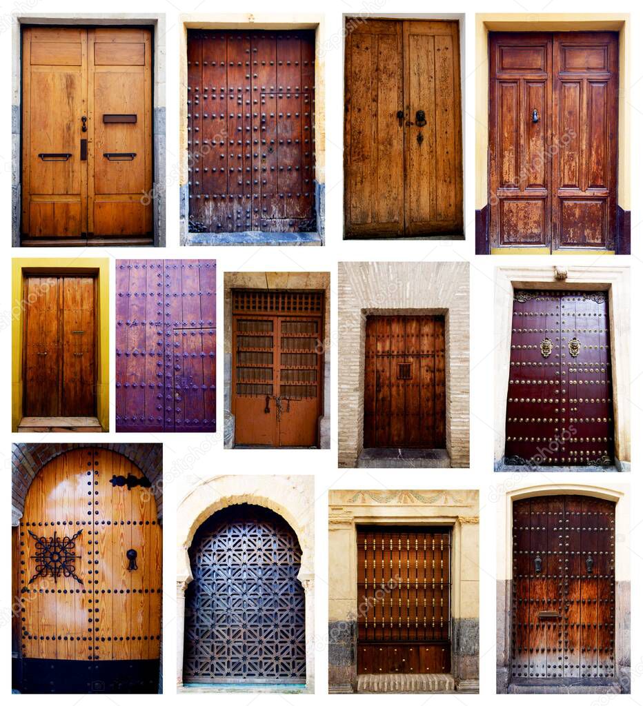 Collection of Old Antique Spanish Wooden Doors with Rivets, Forged Elements, Door Knockers and Gratings isolated on White background