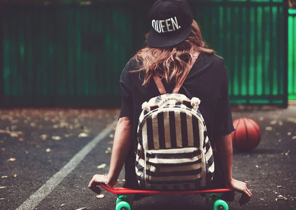 Young Girl Sitting Plastic Orange Penny Shortboard Asphalt Cap — Stock Photo, Image