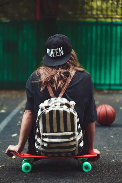 Young Girl Sitting Plastic Orange Penny Shortboard Asphalt Cap — Stock Photo, Image