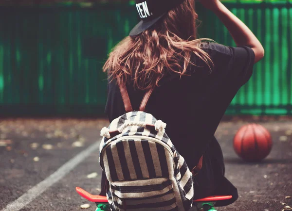 Young Girl Sitting Plastic Orange Penny Shortboard Asphalt Cap — Stock Photo, Image