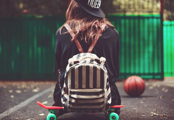 Young Girl Sitting Plastic Orange Penny Shortboard Asphalt Cap — Stock Photo, Image