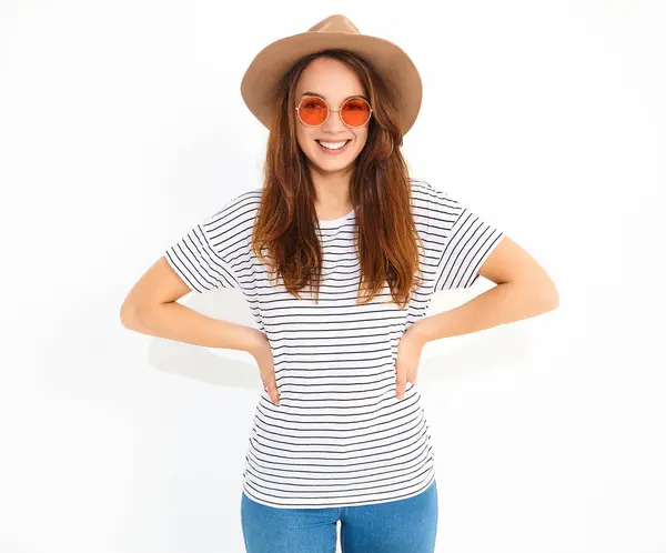 Portrait Young Stylish Laughing Girl Model Casual Summer Clothes Brown — Stock Photo, Image
