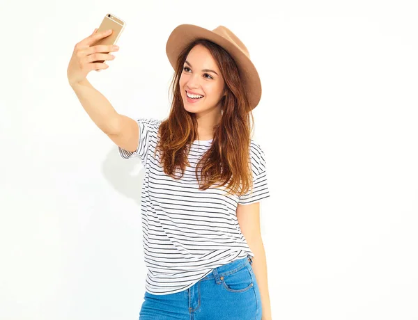 Porträt Eines Hübschen Mädchens Sommerlicher Hipster Kleidung Das Ein Selfie — Stockfoto