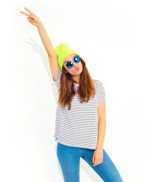 Portrait Young Stylish Girl Model Casual Summer Clothes Yellow Beanie — Stock Photo, Image