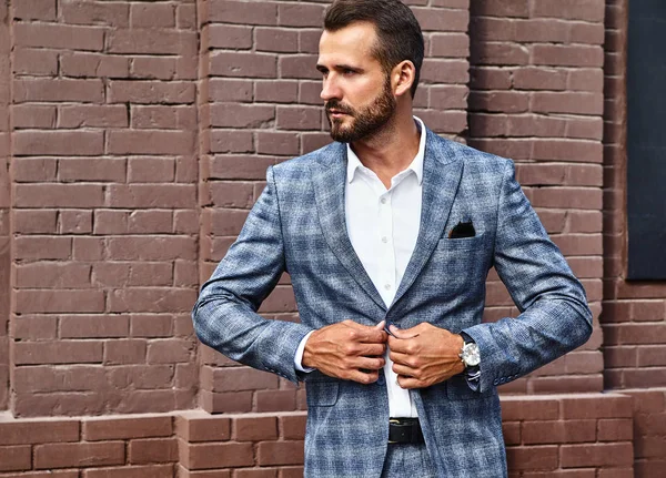 Portrait Sexy Handsome Fashion Businessman Model Dressed Elegant Checkered Suit — Stock Photo, Image